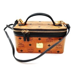 MCM Visetos Rockstar Vanity Case 2way Bag w/cognac coated canvas &black leather